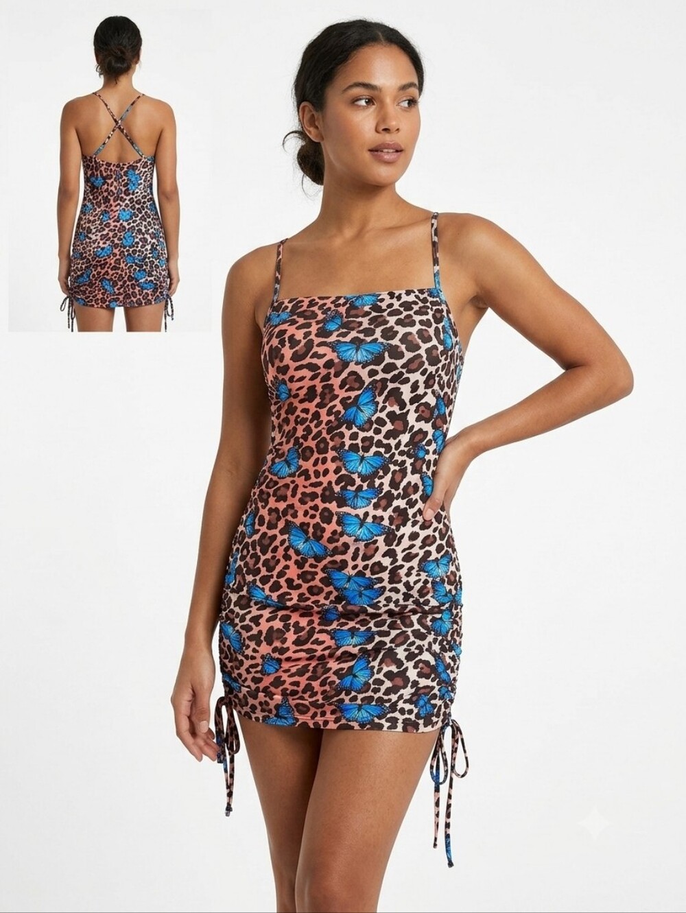 SHEIN Women's Multicolor Leopard & Butterfly Print Ruched Cami Mini Dress